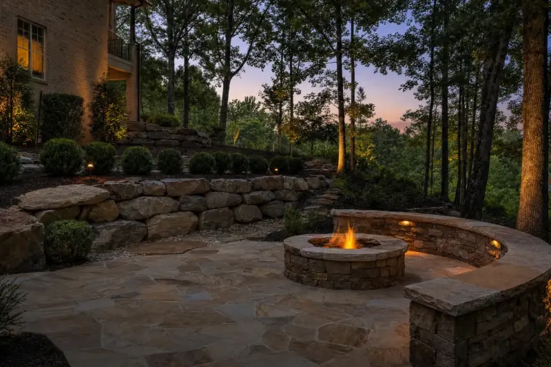 Flagstone patio with a round stone fire pit and a curved seat wall below a boulder retaining wall at dusk