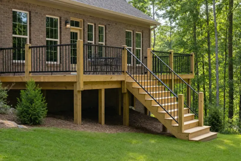 Wood deck with stairs down to a lawn