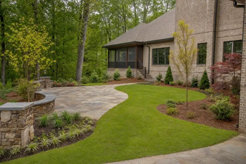 Back yard with a patio, garden beds and young trees