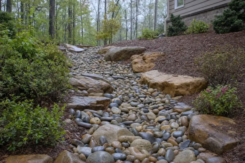 Dry creek bed of river rock running down a sloped yard