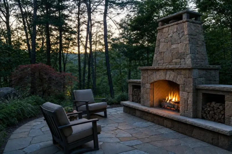 Stone outdoor fireplace at the end of a patio