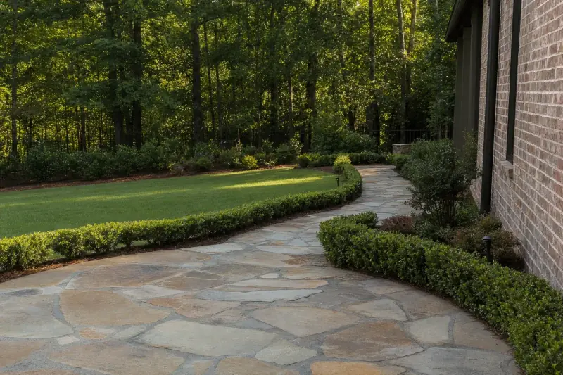 Flagstone patio and walkway beside a lawn